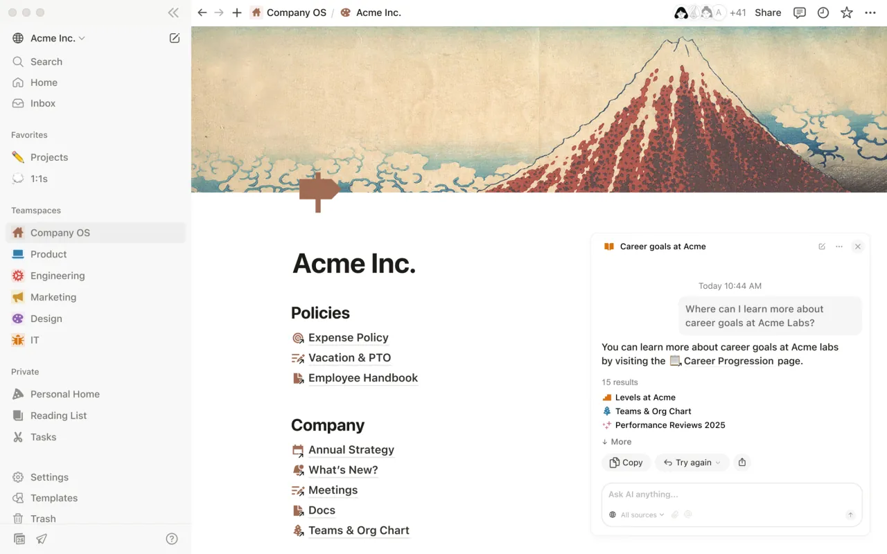 Notion's Acme company workspace, including teamspaces, policies, employee handbook and company documents.