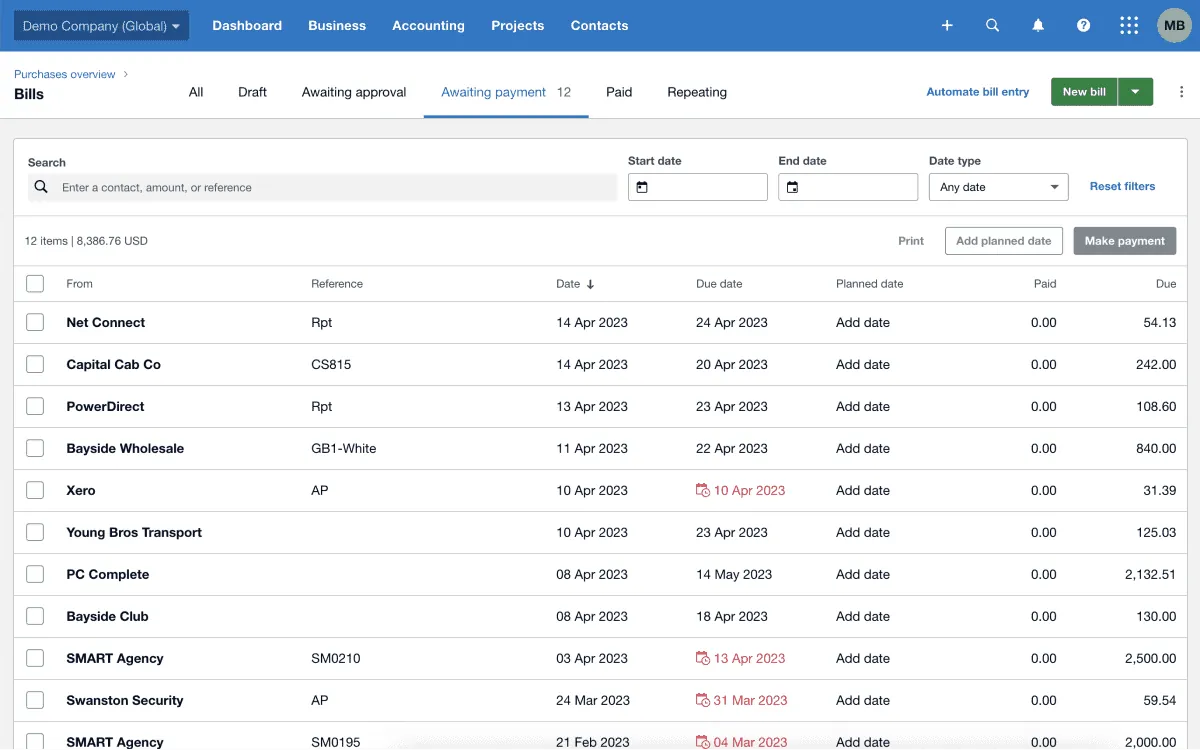 Xero bills awaiting payment, with suppliers, references, dates, amounts and payment status.